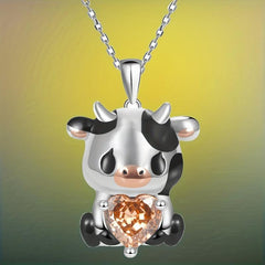 Orange Heart Cow Pendant Necklace Animal Pattern Jewelry Women Girls Gift