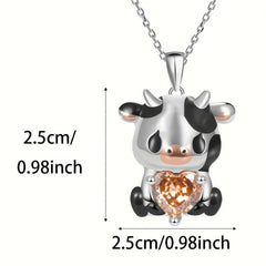 Orange Heart Cow Pendant Necklace Animal Pattern Jewelry Women Girls Gift