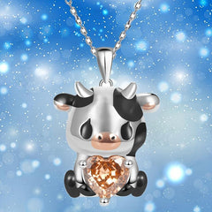 Orange Heart Cow Pendant Necklace Animal Pattern Jewelry Women Girls Gift