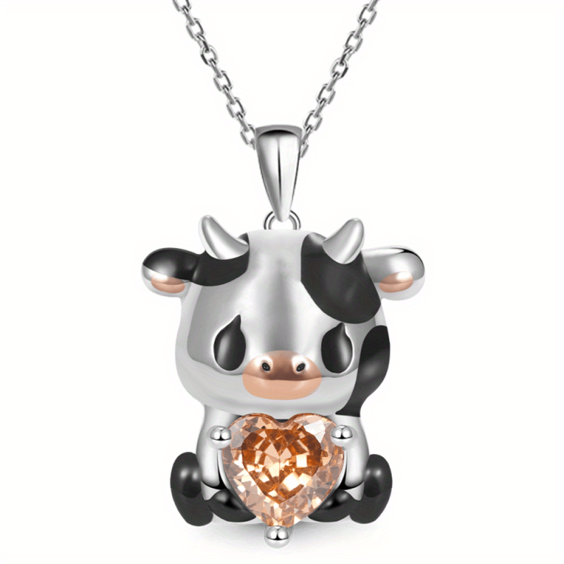 Orange Heart Cow Pendant Necklace Animal Pattern Jewelry Women Girls Gift