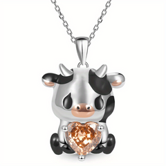 Orange Heart Cow Pendant Necklace Animal Pattern Jewelry Women Girls Gift