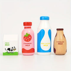 Wooden Milk Set Kitchen Play Food Toys Girls Boys