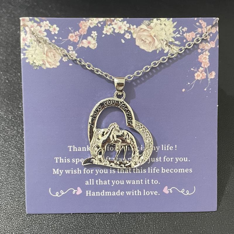 Mother & Child Horse Heart Pendant Necklace Horse Rhinestone Jewelry