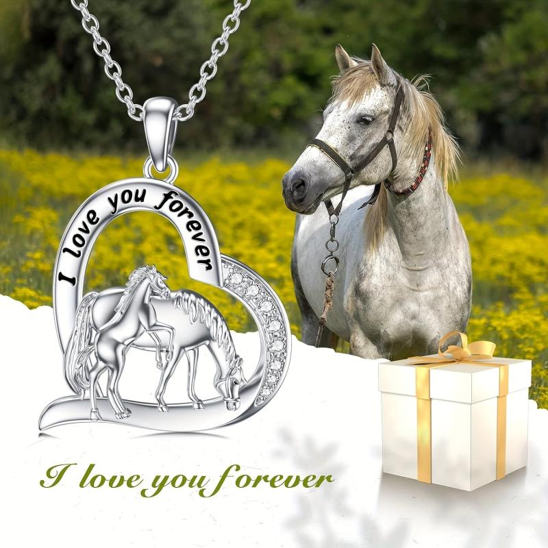 Mother & Child Horse Heart Pendant Necklace Horse Rhinestone Jewelry