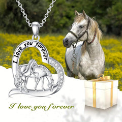 Mother & Child Horse Heart Pendant Necklace Horse Rhinestone Jewelry
