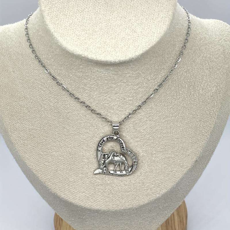 Mother & Child Horse Heart Pendant Necklace Horse Rhinestone Jewelry