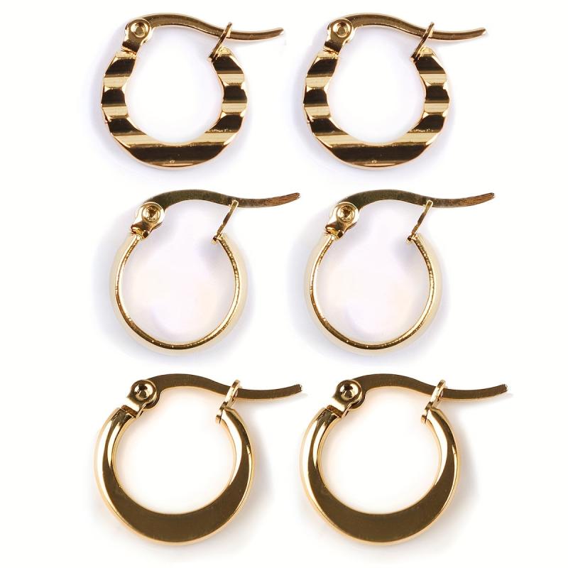 3 Pairs C Type 18k Plated Earrings Ladies Hypoallergenic Hoops Set