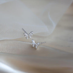 Silver Butterfly Stud Earrings with Crystal Inlay