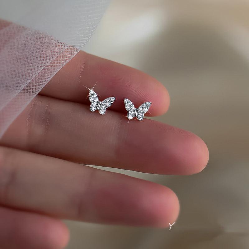 Silver Butterfly Stud Earrings with Crystal Inlay