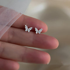 Silver Butterfly Stud Earrings with Crystal Inlay