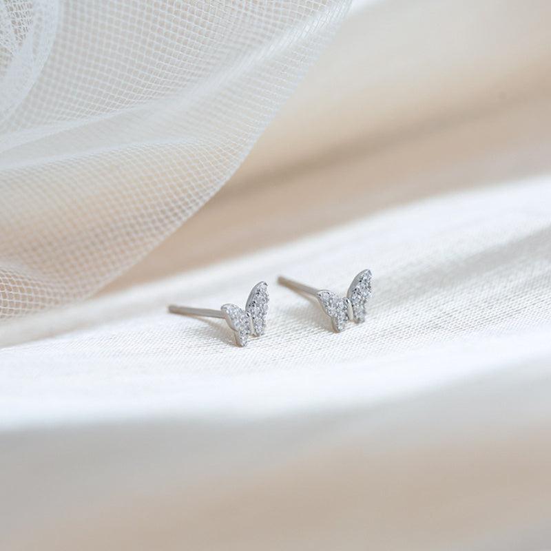 Silver Butterfly Stud Earrings with Crystal Inlay