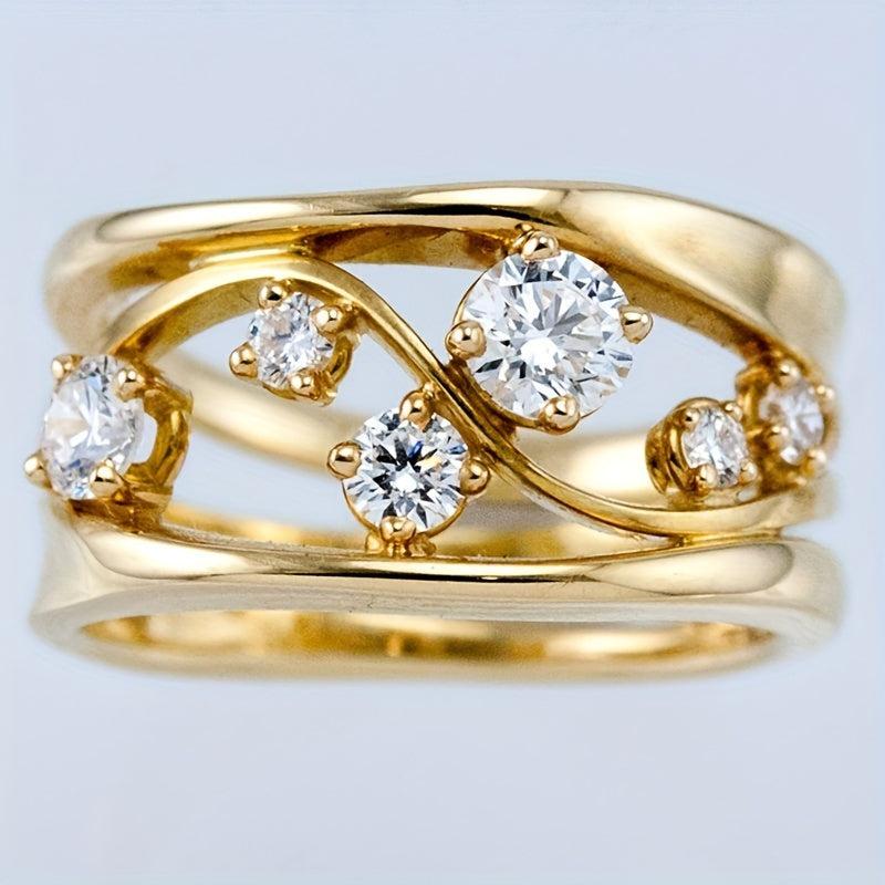 Wave Geometric Lines Ring Women Golden Plated Zircon Ring