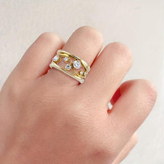 Wave Geometric Lines Ring Women Golden Plated Zircon Ring