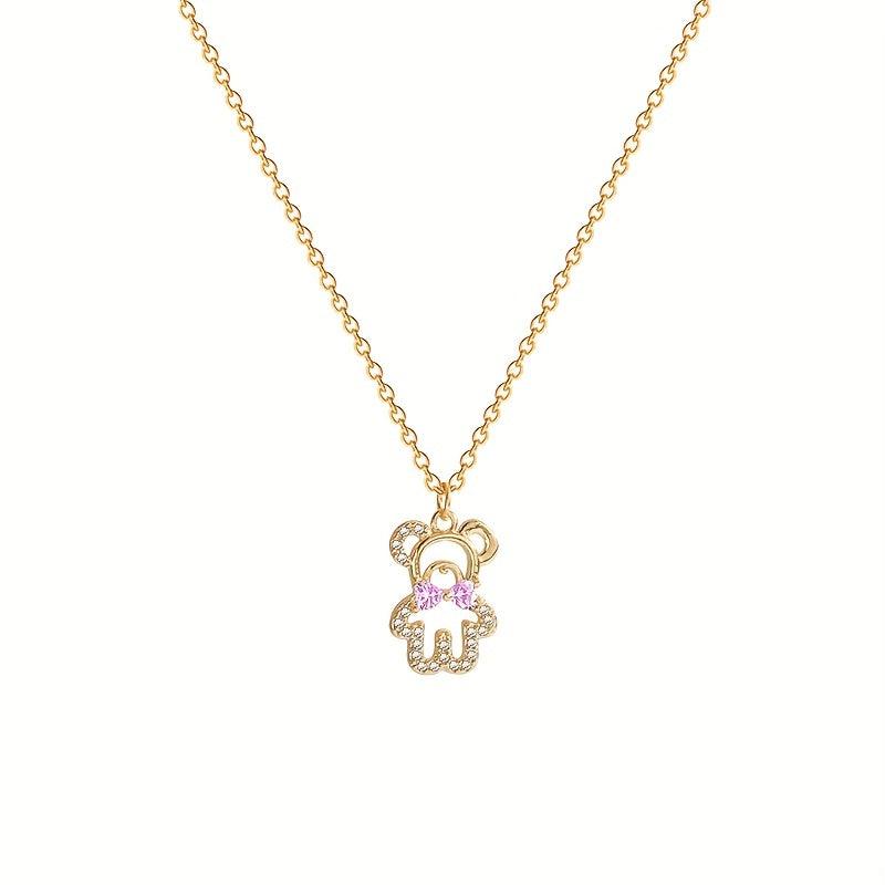 Pink Crystal Bow Bear Pendant Necklace Women Animal Jewelry