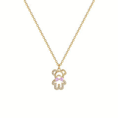 Pink Crystal Bow Bear Pendant Necklace Women Animal Jewelry