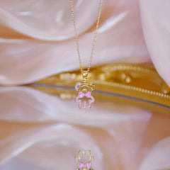Pink Crystal Bow Bear Pendant Necklace Women Animal Jewelry