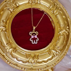 Pink Crystal Bow Bear Pendant Necklace Women Animal Jewelry