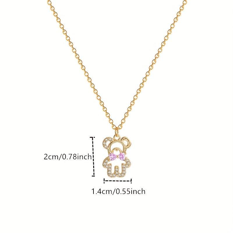 Pink Crystal Bow Bear Pendant Necklace Women Animal Jewelry