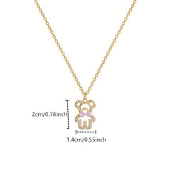 Pink Crystal Bow Bear Pendant Necklace Women Animal Jewelry