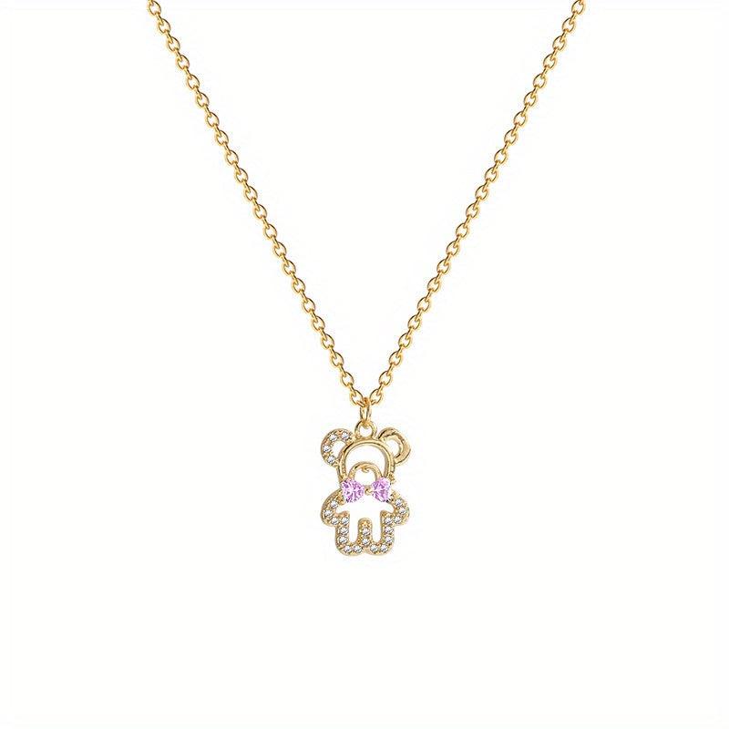 Pink Crystal Bow Bear Pendant Necklace Women Animal Jewelry