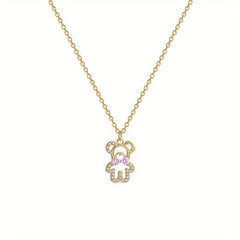Pink Crystal Bow Bear Pendant Necklace Women Animal Jewelry