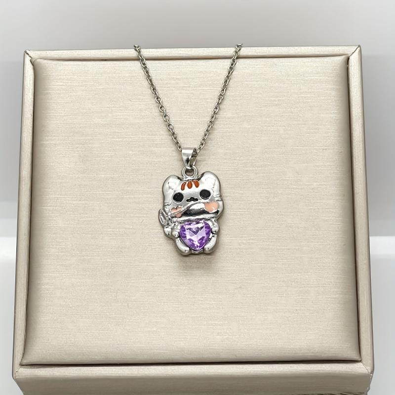 Cartoon Cat Heart Crystal Pendant Necklace Women Animal Jewelry
