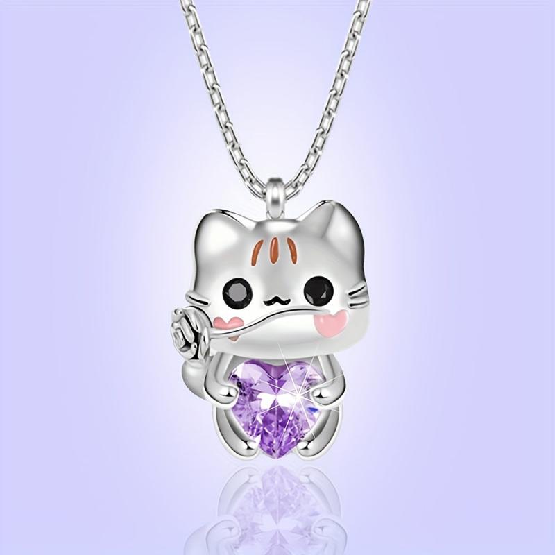 Cartoon Cat Heart Crystal Pendant Necklace Women Animal Jewelry