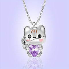 Cartoon Cat Heart Crystal Pendant Necklace Women Animal Jewelry