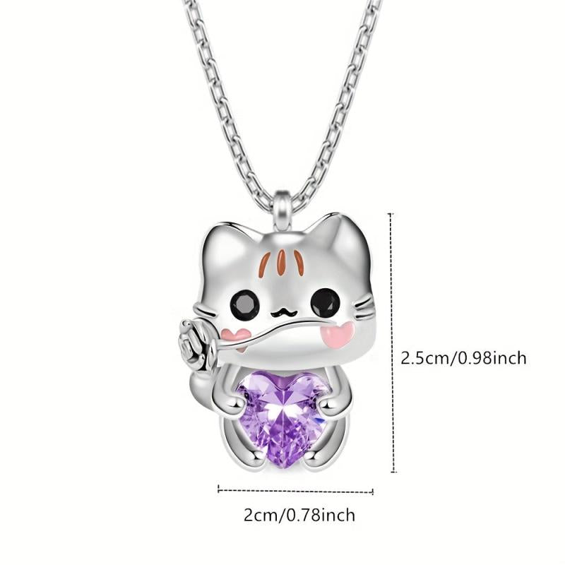 Cartoon Cat Heart Crystal Pendant Necklace Women Animal Jewelry