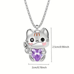 Cartoon Cat Heart Crystal Pendant Necklace Women Animal Jewelry