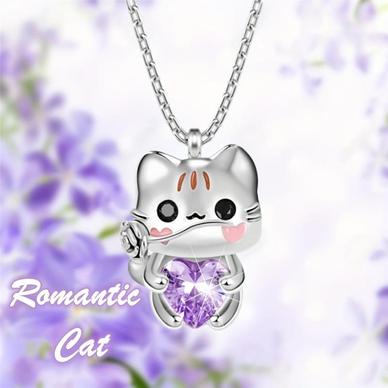 Cartoon Cat Heart Crystal Pendant Necklace Women Animal Jewelry