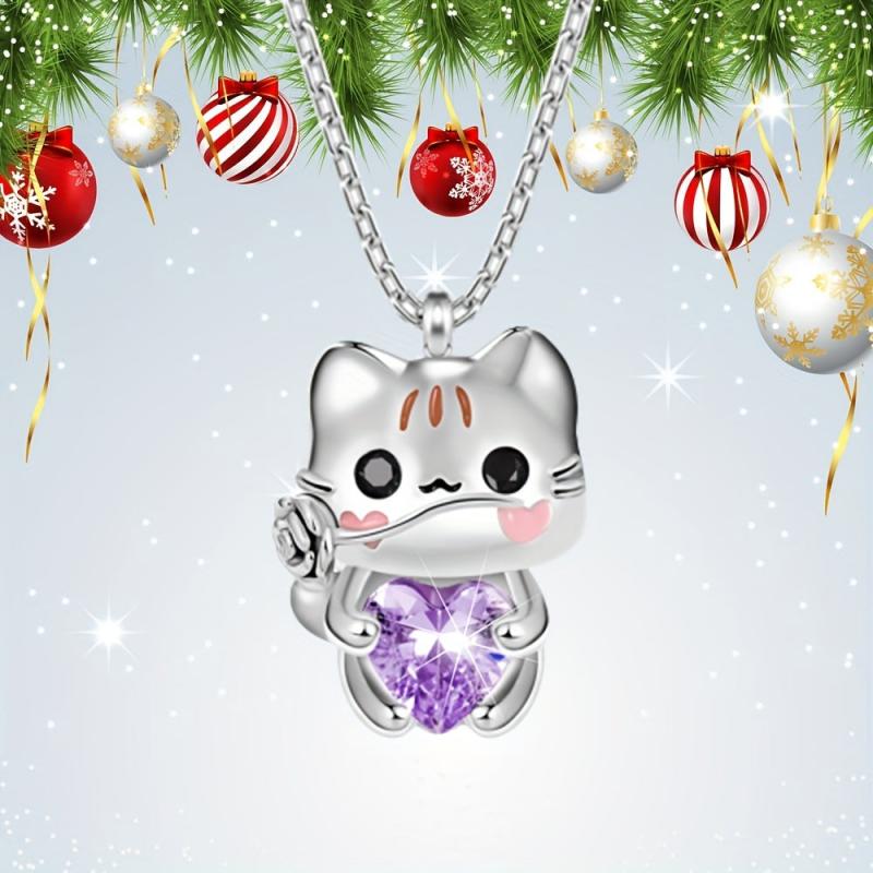 Cartoon Cat Heart Crystal Pendant Necklace Women Animal Jewelry