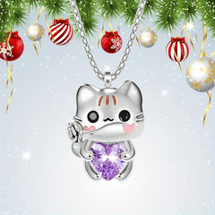 Cartoon Cat Heart Crystal Pendant Necklace Women Animal Jewelry