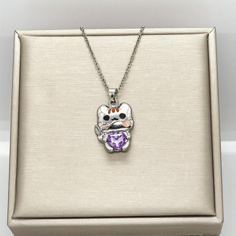 Cartoon Cat Heart Crystal Pendant Necklace Women Animal Jewelry