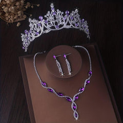 Romantic Purple Bridal Jewelry Set Crown Necklace Earrings