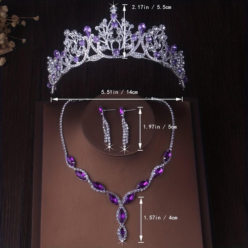 Romantic Purple Bridal Jewelry Set Crown Necklace Earrings