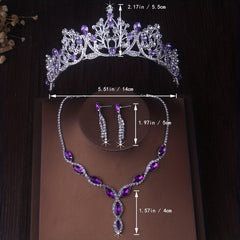 Romantic Purple Bridal Jewelry Set Crown Necklace Earrings
