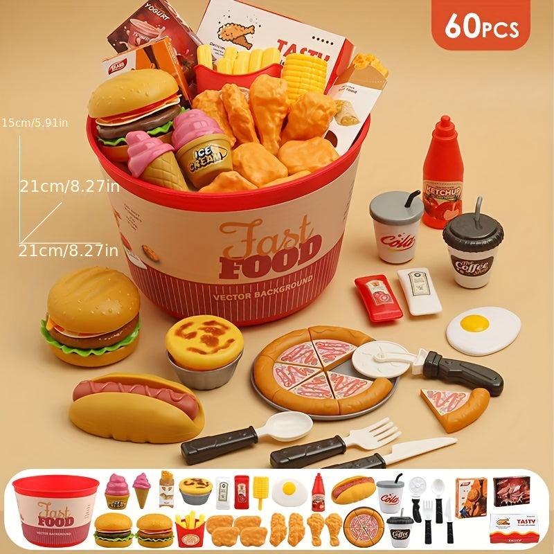 60Pcs Kids Pretend Kitchen Fast Food Hamburger Set Interactive Cooking Toys
