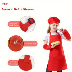 Kids Apron Set with Sleeves and Hat - Children's Gift for Cooking and Baking