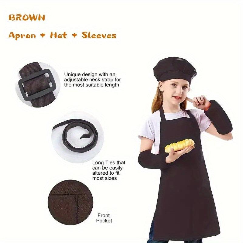 Kids Apron Set with Sleeves and Hat - Children's Gift for Cooking and Baking
