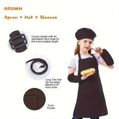 Kids Apron Set with Sleeves and Hat - Children's Gift for Cooking and Baking