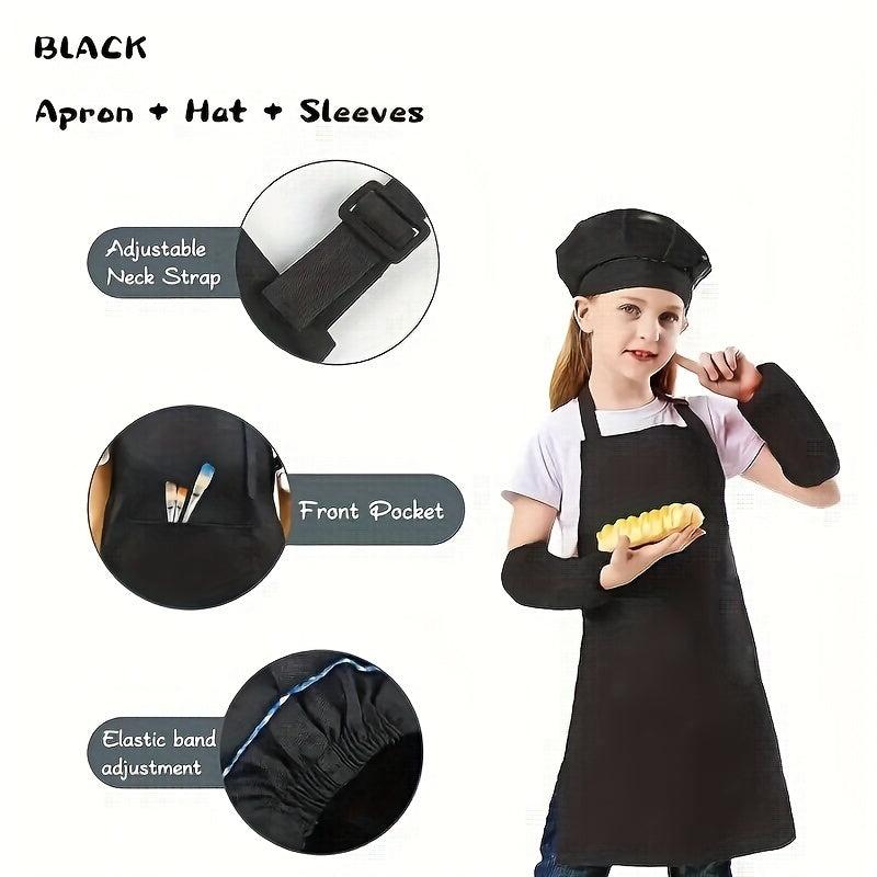 Kids Apron Set with Sleeves and Hat - Children's Gift for Cooking and Baking