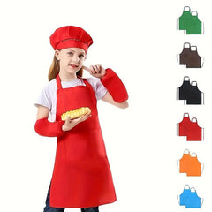 Kids Apron Set with Sleeves and Hat - Children's Gift for Cooking and Baking