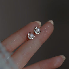 Pearl Stud Earrings Silvery Plated Jewelry For Women