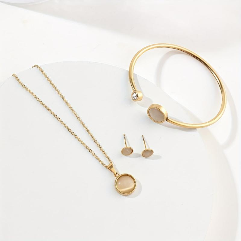 Stainless Steel Jewelry Set Pendant Necklace Earrings Bangle Three Piece