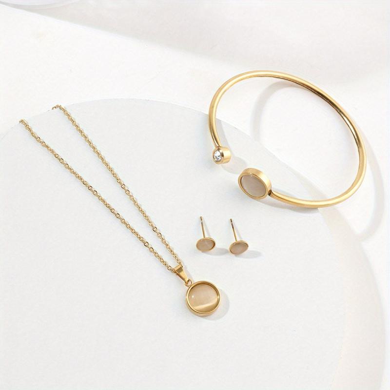 Stainless Steel Jewelry Set Pendant Necklace Earrings Bangle Three Piece