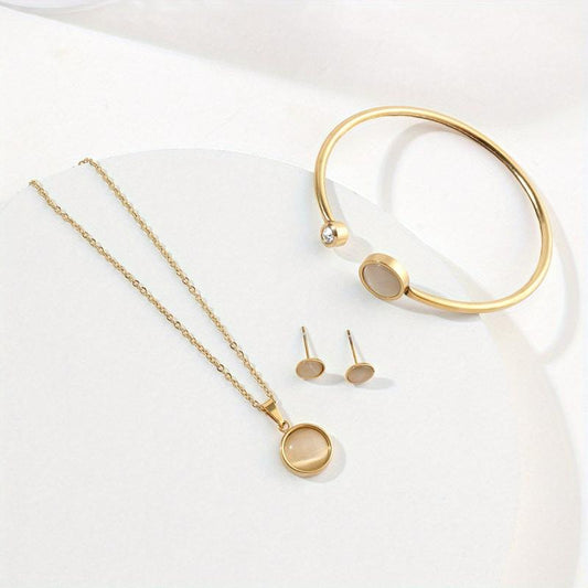 Stainless Steel Jewelry Set Pendant Necklace Earrings Bangle Three Piece