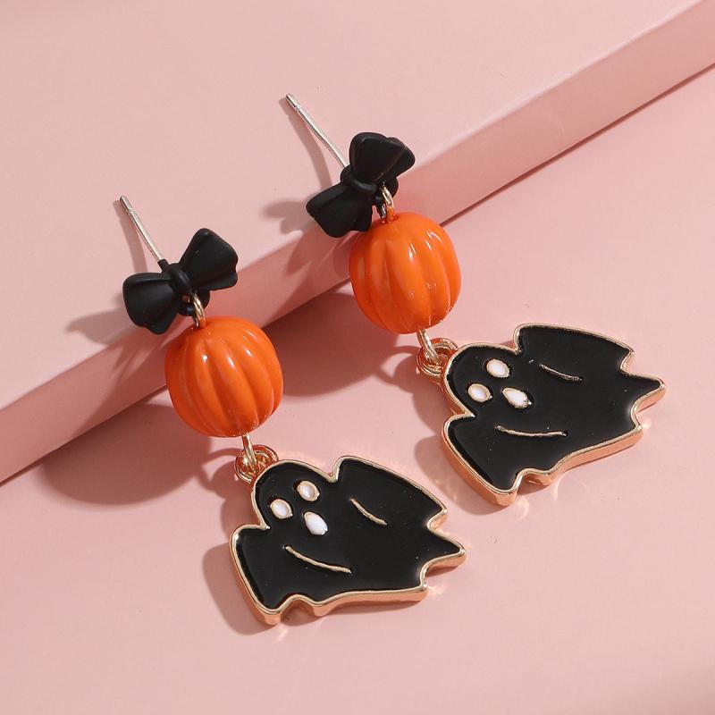 Halloween Pumpkin Bat Dangle Earrings - Spooky & Stylish