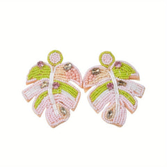 Boho Drop Earrings Embroidery & Rice Bead Leaves for Celebrations