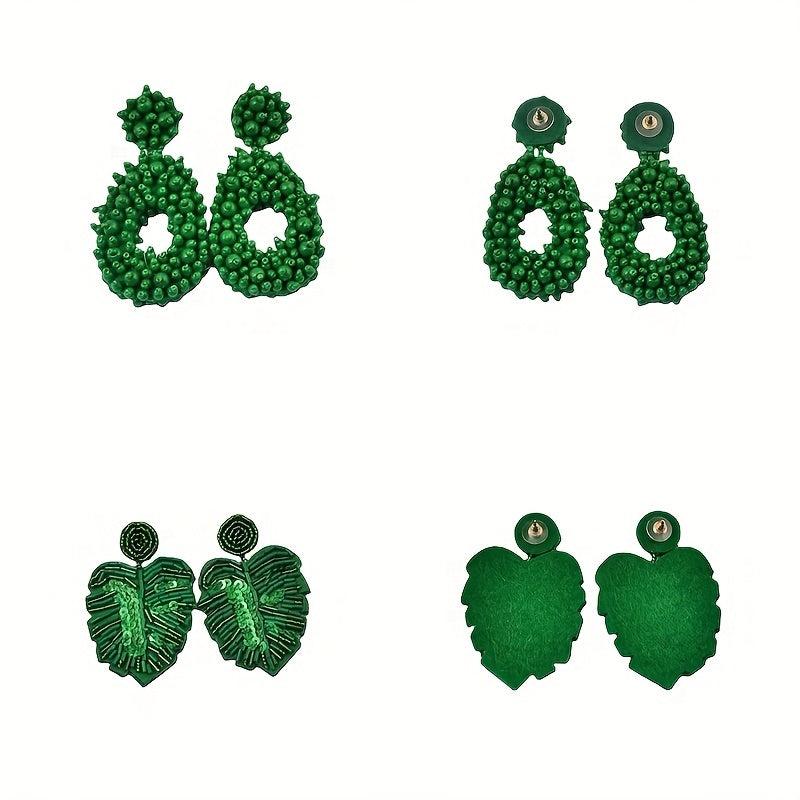 Boho Drop Earrings Embroidery & Rice Bead Leaves for Celebrations